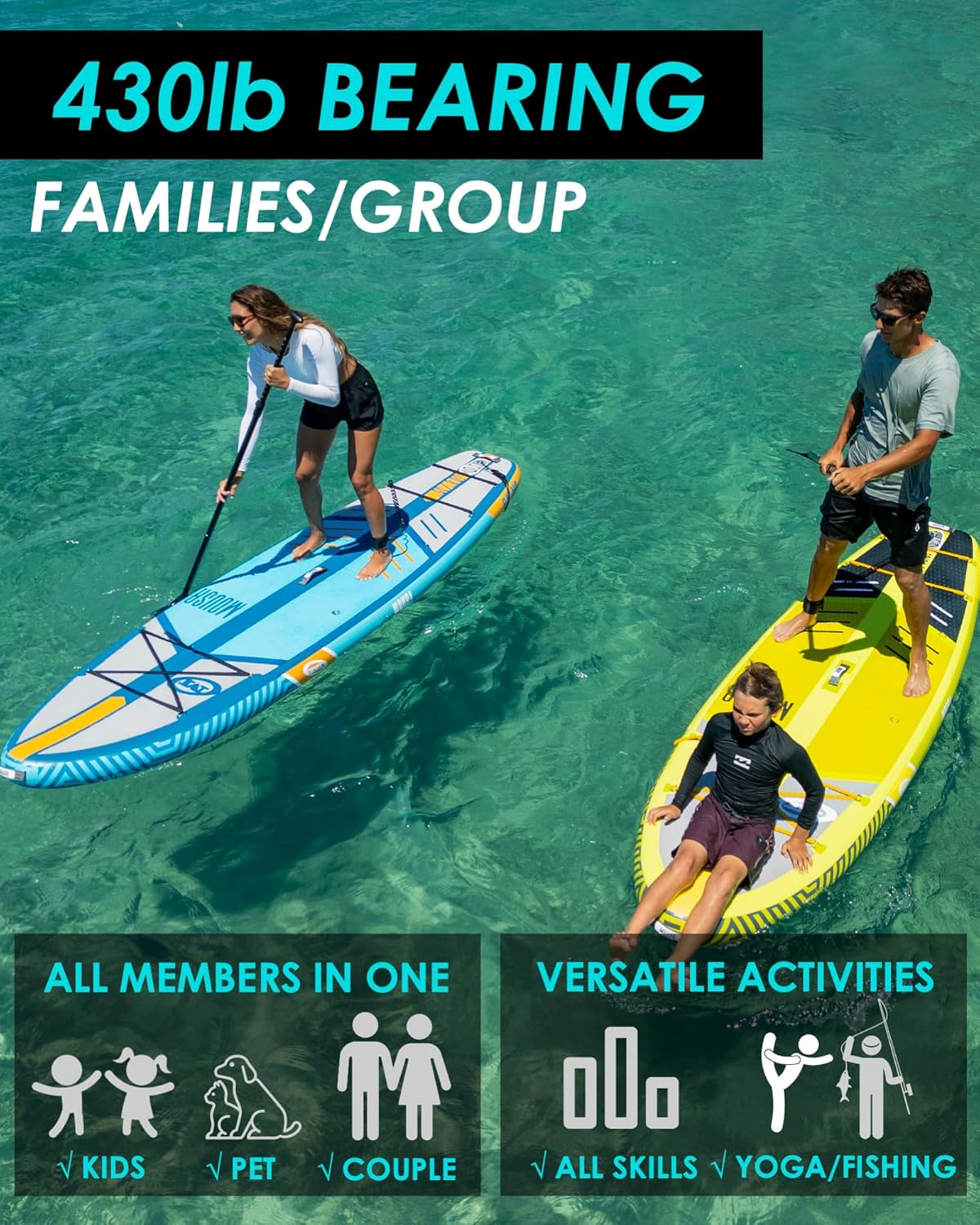 10'8/11'*35" Extra Wide Inflatable Paddle Boards, Stable Stand-up Paddleboard for 3 People/Family w/Shoulder Strap, 100L Backpack, Paddle Boards for Adults w/Floatable Paddle, US Central Fin