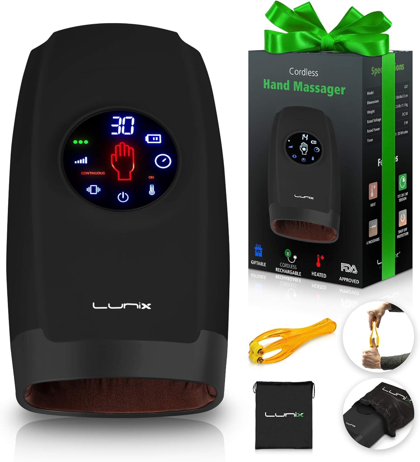 Lunix LX7 Touchscreen Electric Hand Massager with Compression, 4 Levels Pressure Point Therapy Massager for Arthritis, Pain Relief, Carpal Tunnel and Finger Numbness, Shiatsu Massage Machine with Heat