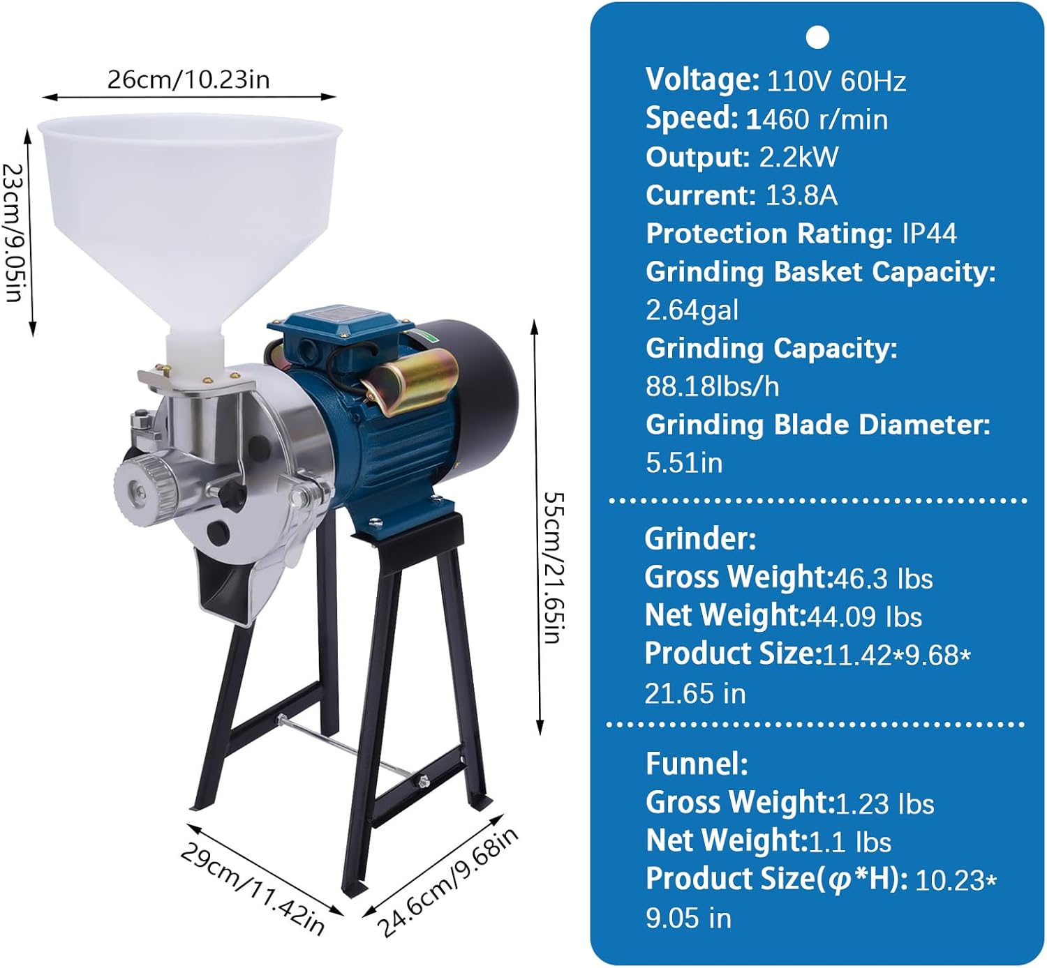 Electric Grain Mill Grinder, 2200W Wet&Dry Cereals Grinder, Commercial Grain Grinder Corn Mill, Heavy Duty Grain Grinder Machine 110V, Wheat Feed Mill Flour Mill with Funnel