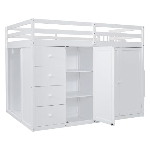Full Size Loft Bed with Stairs and Wardrobe, Wood Loft Bed Frame with Storage Cabinet, Open Closet and Drawers, Adults Loft Beds with Hanging Rod & Shelves for Kids, Teen, Gray