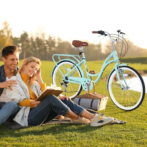 MEGHNA Cruiser Bike Low Step-Through 24inch Commuter Bike V - Brake 7 Speed Shifter Driven City Bike for Women Senior Men