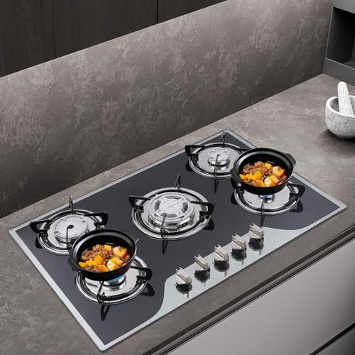 30" Gas Cooktop LPG/NG, 5 Burners Gas Stove Gas Hob Stovetop, Built-in Gas Stove Top, Thermocouple Protection, Stainless Steel Gas Hob with Power Boil, Simmer, Continuous Grates