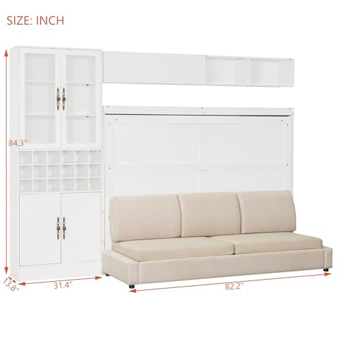 Merax Queen Size Murphy Bed Wall Bed with Sofa, Shelves, USB & Light - Space Saving Foldable Bed for Small Apartments, Grey