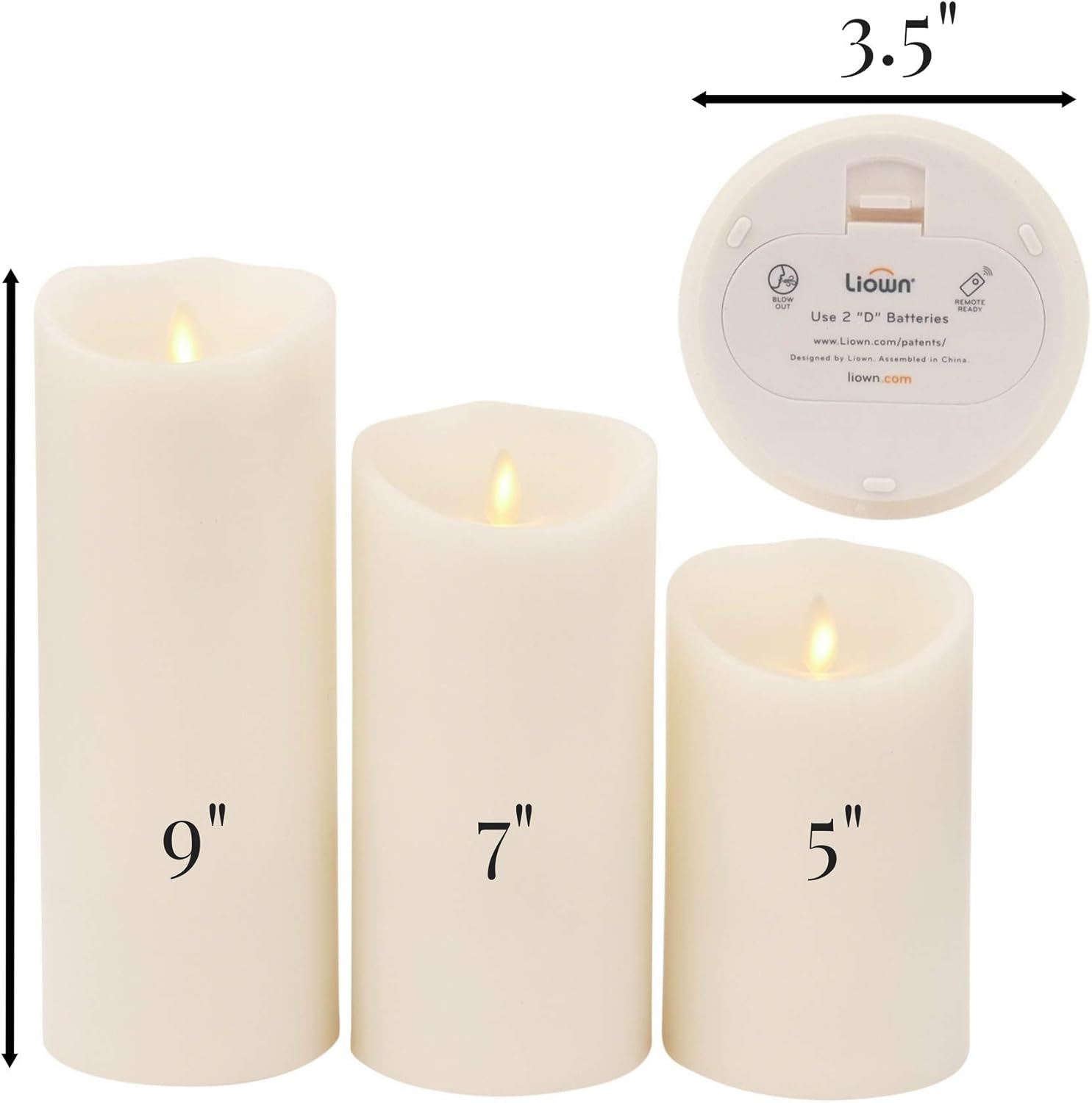 Raz Imports Push Flame Ivory Pillar Candles with Remote, Set of 3 - 2D - Flameless Lighting Accent and Battery Operated Flickering Light Source with Timer - Fake Candles for Living Room and Bedroom