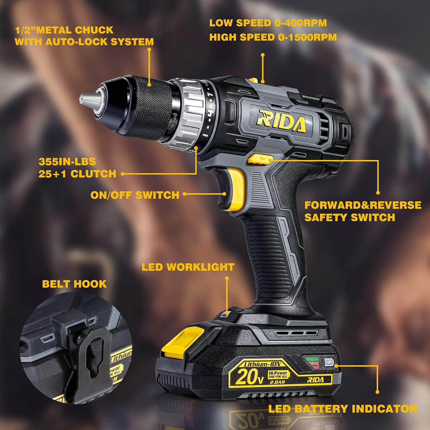 RIDA Cordless Drill 20V Electric Power Drill Set with 1/2'' Keyless Metal Chuck, 355 In-lb Torque, 2.0AH Lithium-ion Battery & Fast Charger, Variable Speed, 25+1 Position and 21pcs Drill/Driver Bits Pack of 2