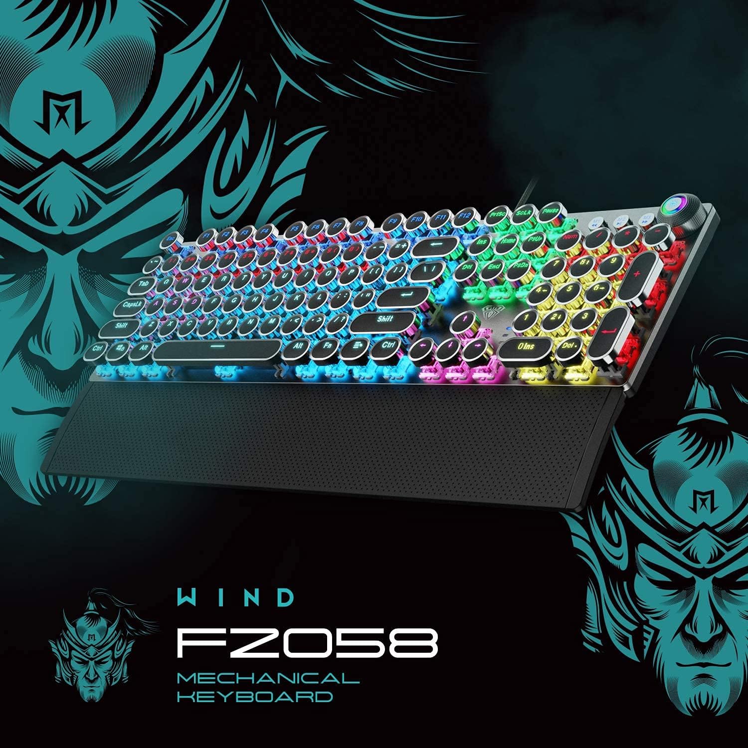 AULA F2088 Retro Mechanical Gaming Keyboard, with Removable Wrist Rest, Media Knob, RGB Rainbow Backlit, 104 Keys Round Punk Keycaps USB Wired Computer Keyboards for Windows PC Mac Gamer (Blue Switch)