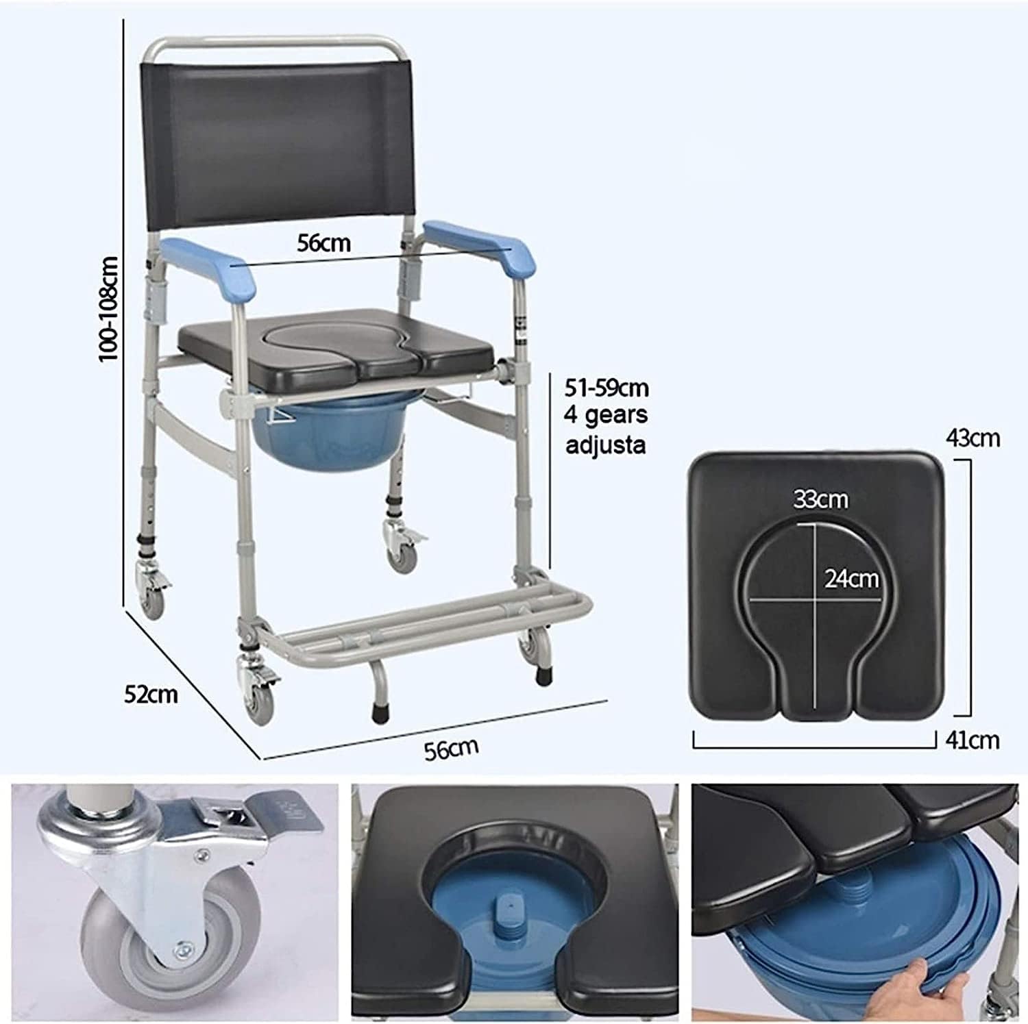 KOHARA Commode eelchair, Lightweight Bedside Commode Portable Toilet Bath Chair with Built-in Toilet for Disabled People The Elderly Others up to 150 Kg Adjustable Height Shower Chair A