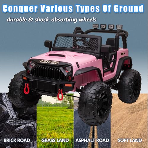 24V Electric Cars Vehicles Toys for Kids -2 Seater, 4x200W Powerful Wheels 4WD Ride on Truck Kids with 3 Speed Remote Control Spring Suspension, Bluetooth, MP3 Music, Soft Brake (Hot Pink)