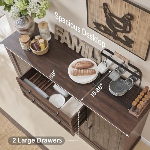 Farmhouse 58" Buffet Cabinet with Storage, 34" Tall Coffee Bar Cabinet w/2 Large Drawers & 4 Grooved Barn Doors, Wood Rustic Sideboard Buffet Cabinet for Dinning Room, Kitchen, Living Room,Brown
