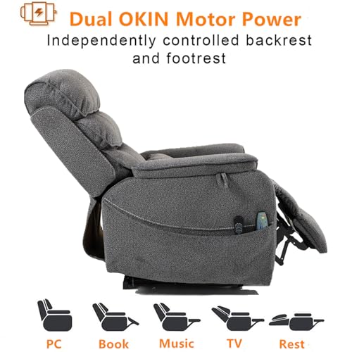 Light Grey Recliner Chair for Elderly | Tall and Big Man 400lbs | Chenille | Power Lift, Lay Flat, Stand Up, Wireless Charging Device, Extended Footrest, Massage Heat, Cup Holder, Lumbar Pillow