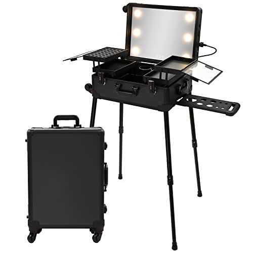 Large Makeup Train Case with Speaker & Code Lock & Full Screen Lighted Mirror & 3 Light Colors Lighted Rolling Cosmetic Organizer, Professional Artist Trolley Studio Free Standing