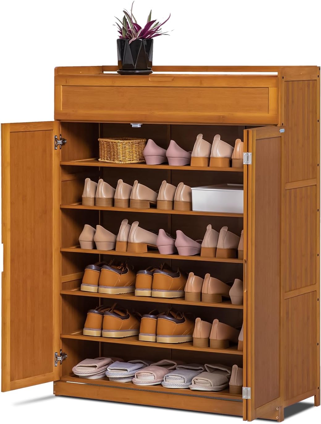 Magshion Bamboo 7-Tier Shoe Organizer Cabinet with Folding Door Compartment for Heels Boots, Hallway Entryway, Freestanding Shoe Cabinet Organizer for Convenient Shoe Organization (Brown)