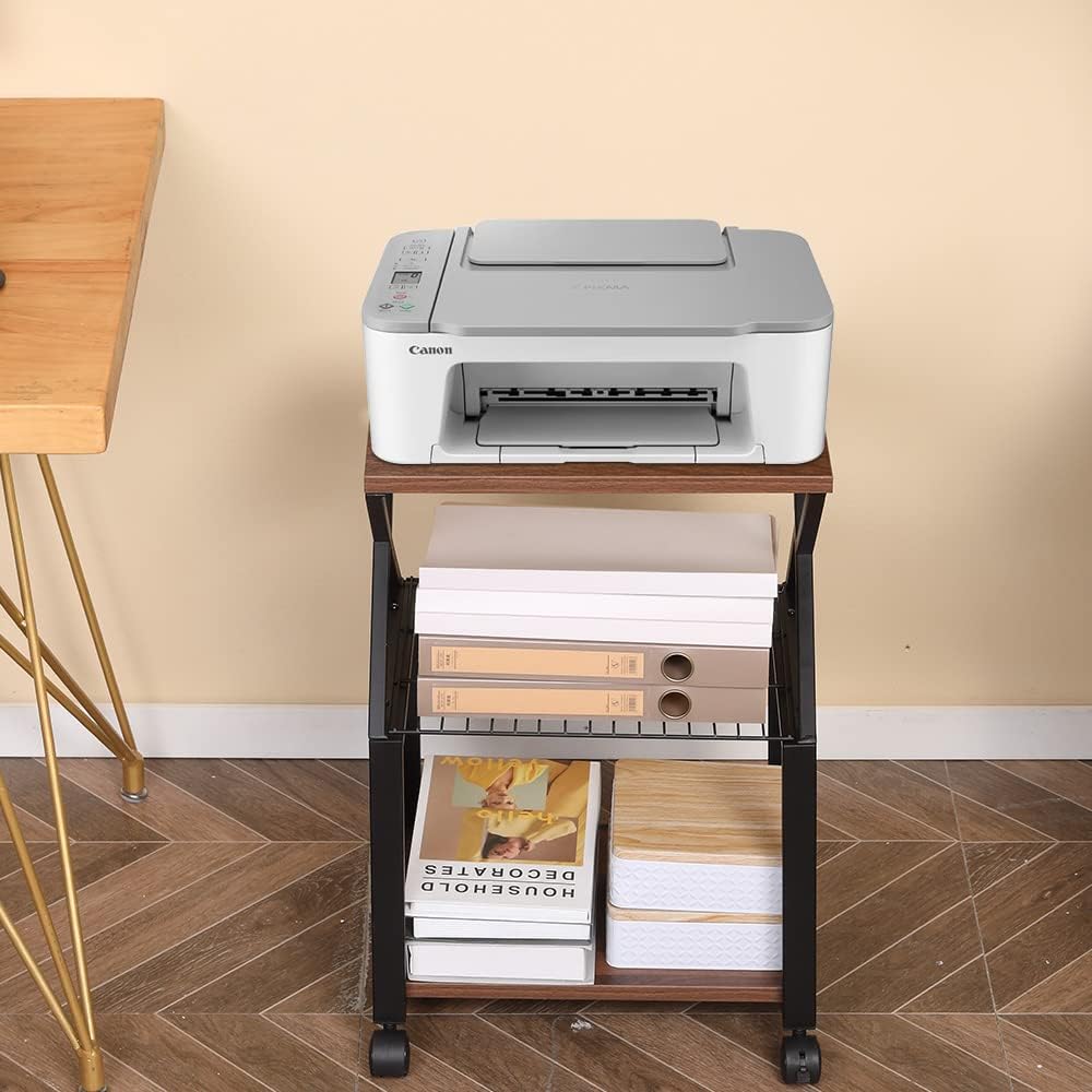Mobile Printer Stand, Butizone 3-Tier Printer Shelf with Wheel, Rolling Printer Cart Under Desk, Storing Fax Machine, Scanner, Files, Books, for Home, Office, Kitchen, Rustic Brown
