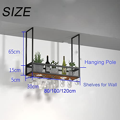 Hanging Wine Rack - Ceiling Wine Bottle Rack, Upside Down Wine Glass Holder, 1-layer Wrought Iron Shelving, Modern Wooden Wall Shelf, Plant Stand In The Corner Of The Living Room, Can Bear 50KG Full