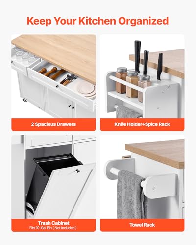 VEVOR Kitchen Island Cart with Solid Wood Top, 35.4" Width Mobile Carts with Storage Cabinet, Rolling Kitchen Table with Spice Rack, Towel Rack, and Drawer, Portable Islands on Wheels, White