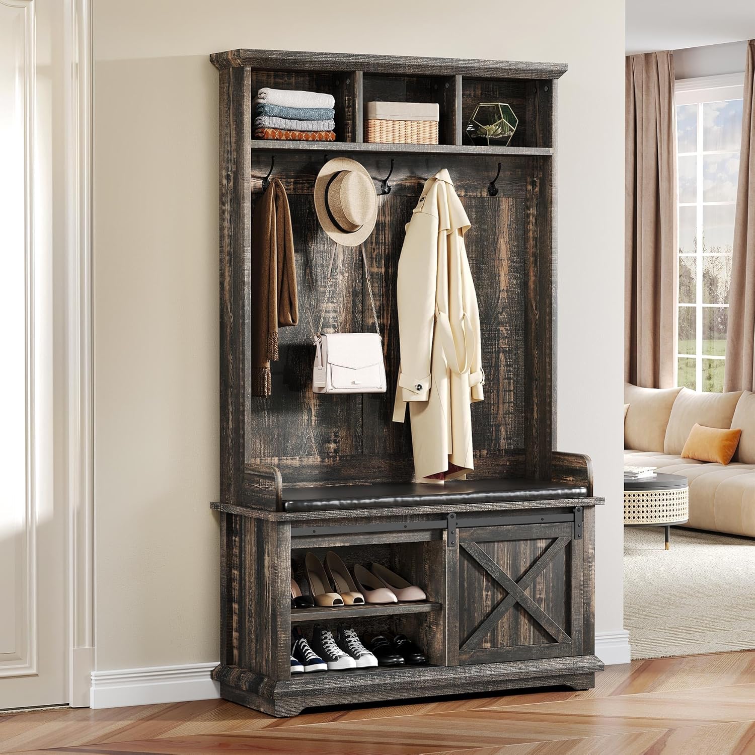 YITAHOME Hall Tree with Shoe Bench and Coat Rack Entryway, Hallway Tree Organizer Storage Bench Cabinet for Hallway, Entryway, Bedroom, Living Room, Dark Rustic Oak
