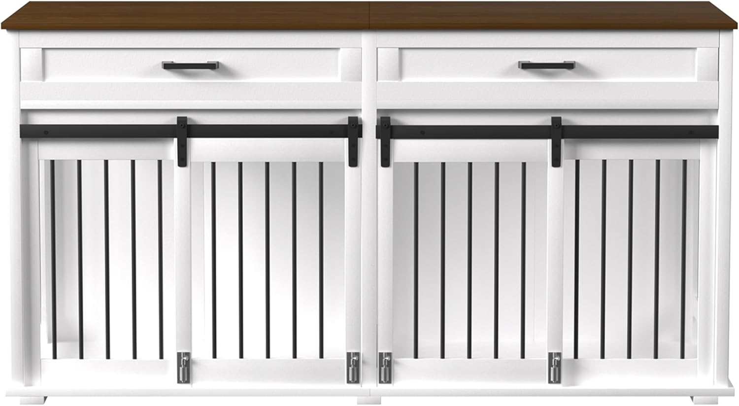 VEIKOU Dog Crate Furniture with 2 Storage Drawers, 2-in-1 Double Dog Kennel Furniture for Large Medium Small Dogs, Wooden Dog House Indoor with Removable Divider, Wide Tabletop for TV Stand, White