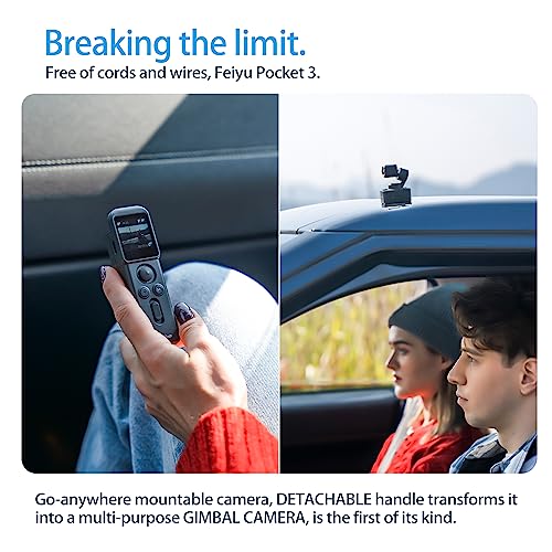 Feiyu Pocket 3 Kit: Remote Handle&Camera – Camera with 3-Axis Gimbal, Cordless Detachable Designed, Magnetic Mount, for Travel, Car Vlog, Pet & YouTube Videos, FeiyuVCAM3S
