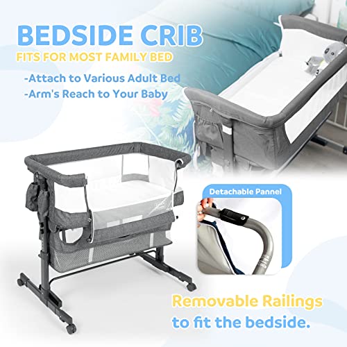 3 in 1 Baby Bassinet, Upgraded Beside Crib with 360° Highly Visible Mesh wall, Comfy Co-sleeper Bassinet with mattress, 5 Level Adjustable Height, Foldable & Portable BabyTravel Crib for Newborn, Grey