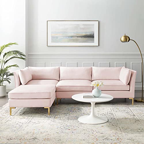 Modway Ardent Performance Velvet Sectional Sofa, 5 Piece L-Shape, Pink