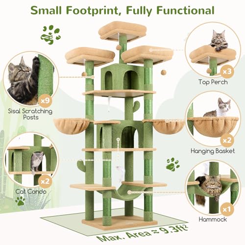 Globlazer Big Cat Tower for Indoor Cats, 80inch Cat Tower for Multiple Adult Cats XXL Cat Tree with Scratching Post, Hammock, 3 Perches, 2 Condos, 2 Hanging Basket, F80, Light Grey