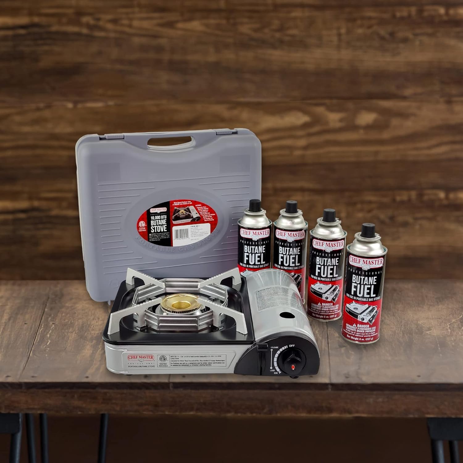 CHEF MASTER 90011 Portable Butane Stove | 10,000 BTU Outlet | Camp Kitchen Equipment | Emergency Stove | Hurricane Stove | Single Burner Camp Stove | Camping Cooking Stove + 4 Fuel Canisters Pack of 2