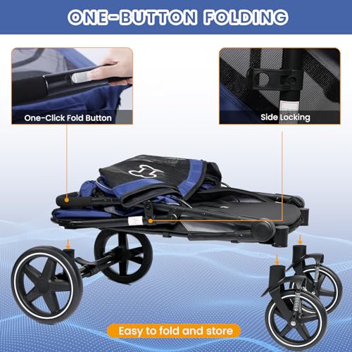 Dog Stroller for Large Dogs Up to 80 lbs One-Click Foldable Medium Dogs Pet Stroller with Access Ramp, Storage, Breathable Mesh Window and Safety Brake, Navy Blue