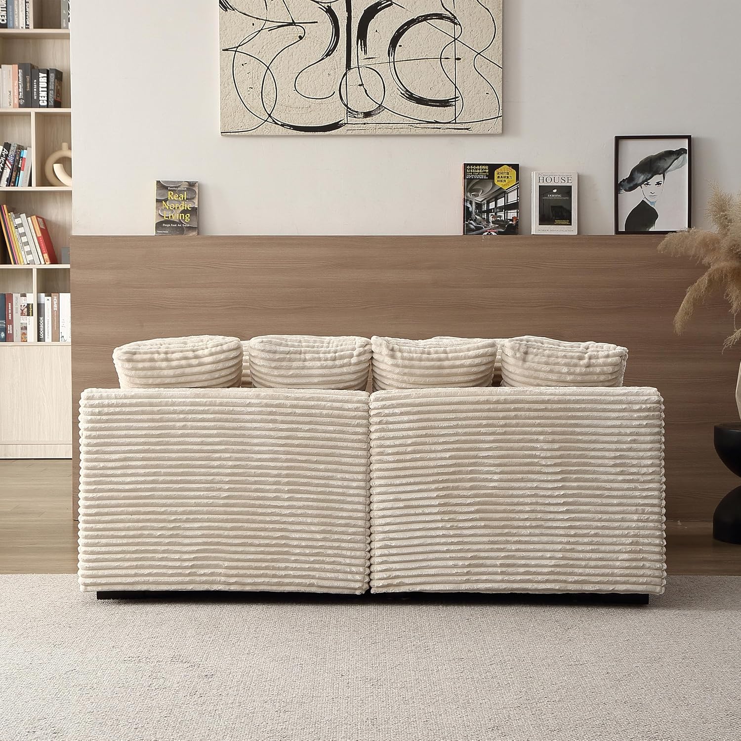 Oversized Luxe Chaise Lounge Loveseat Couch Bed, Comfy Corduroy Upholstered Indoor Leisure Sofa Recliner Daybed, Sleeper Chair with Solid Wood Legs & Throw Pillow for Living Room,Apartment