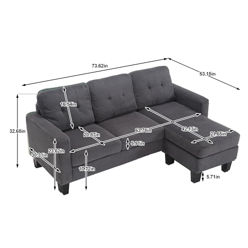 Modern Velvet Upholstered L-Shaped Sofa with Reversible Chaise, Convertible Sectional Sofa Couch with Ottoman, 3 Seats L-shape Sofa Set for Home, Small Apartment, Dorm, Office (Emerald)