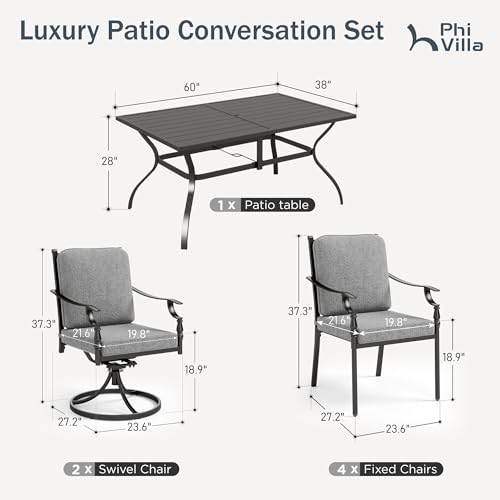 PHI VILLA 7 Pieces Outdoor Dining Set for 6, Rectangular Black Steel Dining Table with Fixed and Swivel Iron Chairs, Large Dining Furniture Set with Cushions for Patio, Deck, Porch, Backyard