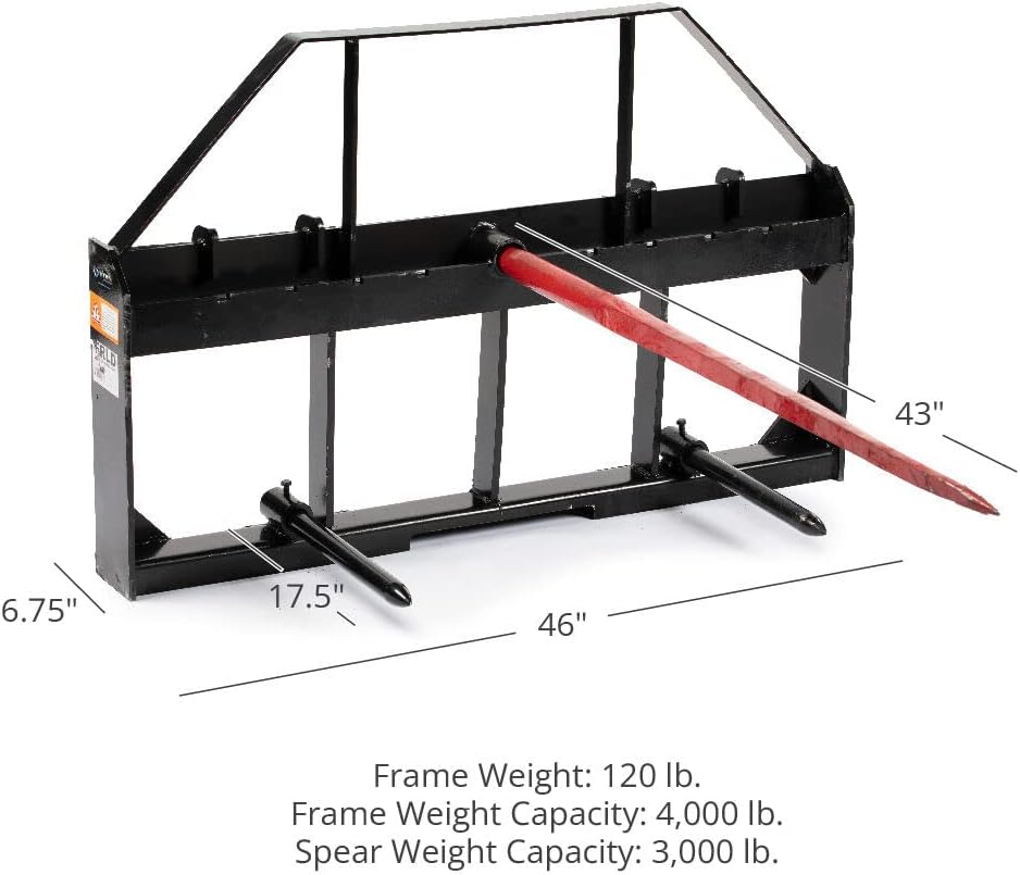 Titan Attachments Skid Steer Hay Frame Attachment with 43" Hay Spear and Stabilizers, Rate 4,000 LB, Quick Tach Tractor