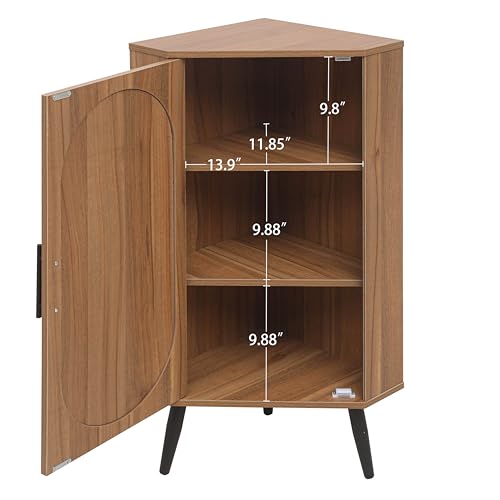 Boho Corner Storage Cabinet,Freestanding Bookcase with Rattan Doors & Adjustable Shelves, Corner Shelf Stand for Living Room, Bathroom, Bedroom,Natural