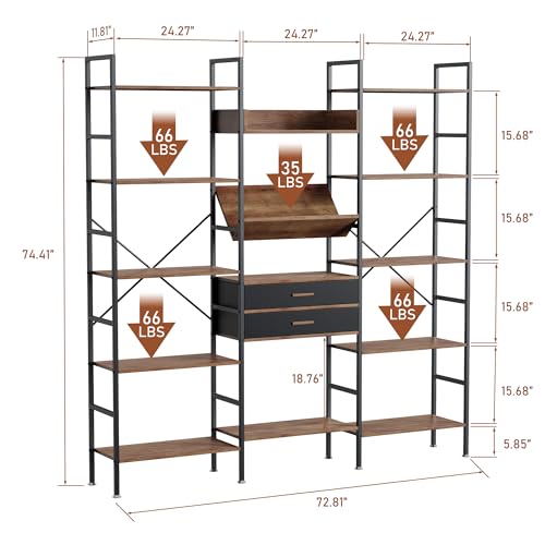 5 Tier Bookshelf with Shelves Triple Wide Bookcase with 14 Open Display Shelves Industrial Book Shelf Book Case Modern Tall Bookcases Furniture for Bedroom, Home, Office, Living Room
