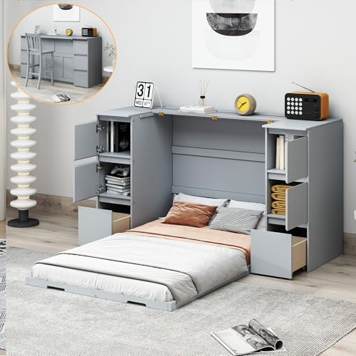 Twin Size Murphy Beds with Charging Station and Storage Drawers, Wood Cabinet Bed Frame, Wall Bed with Outlet & USB Ports for Home Office Studio, White