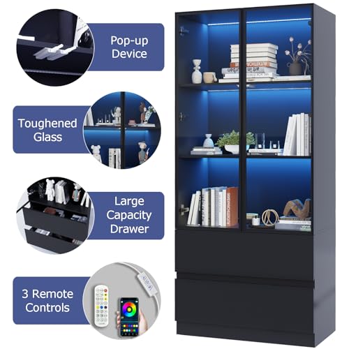 Glass Display Cabinet, Display Case Cabinet with LED Lights, Display Cabinet with Glass Door, Curio Cabinet with 3-Tier Shelves and 2 Drawers, Storage Cabinet for Living Room, Bedroom