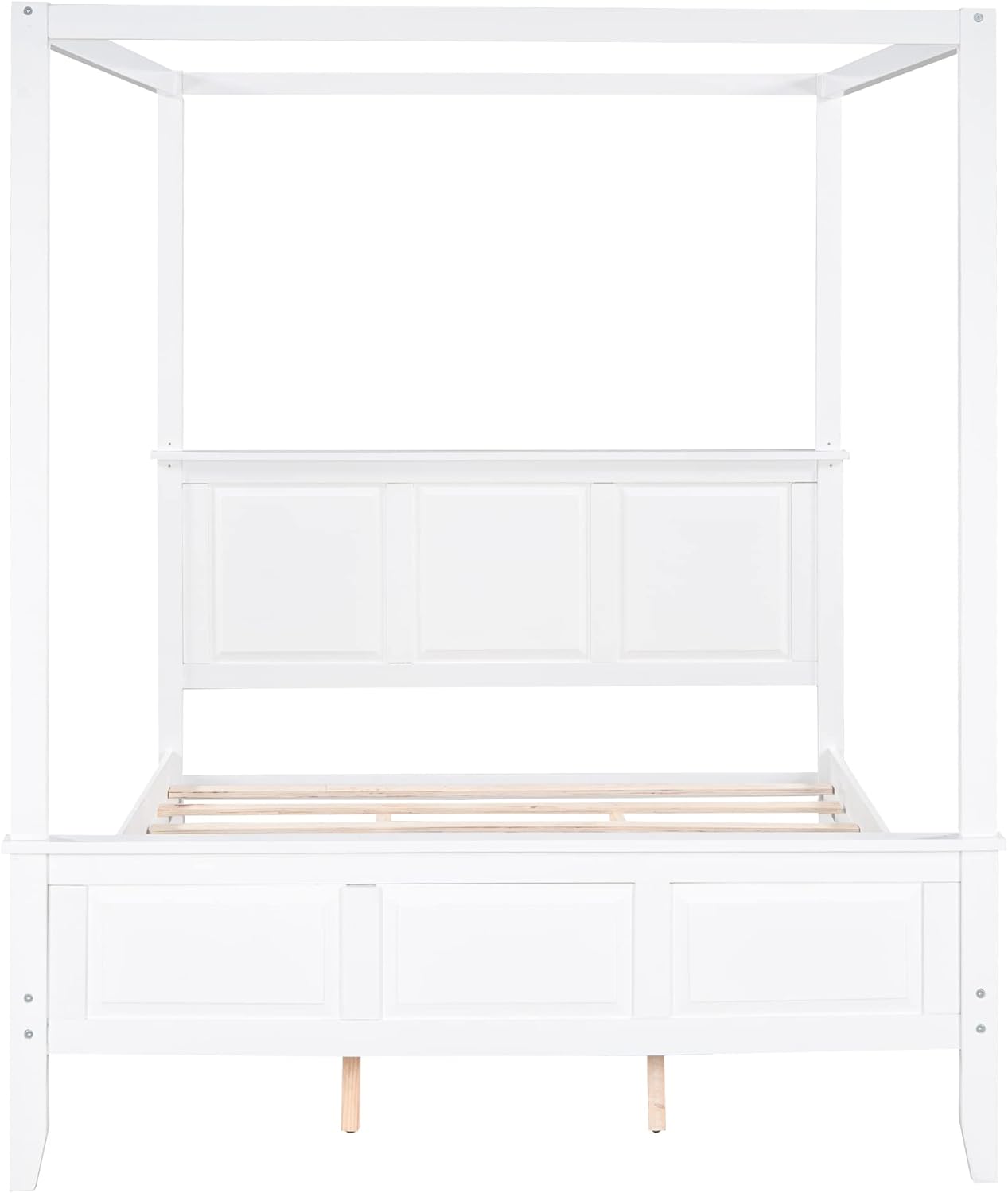 Queen Size Canopy Bed with Headboard and Footboard, Solid Wood Platform Bedframe with Four Columns & Slat Support, No Need Spring Box, Ider for Apartment, Bedroom, Guest Room, White