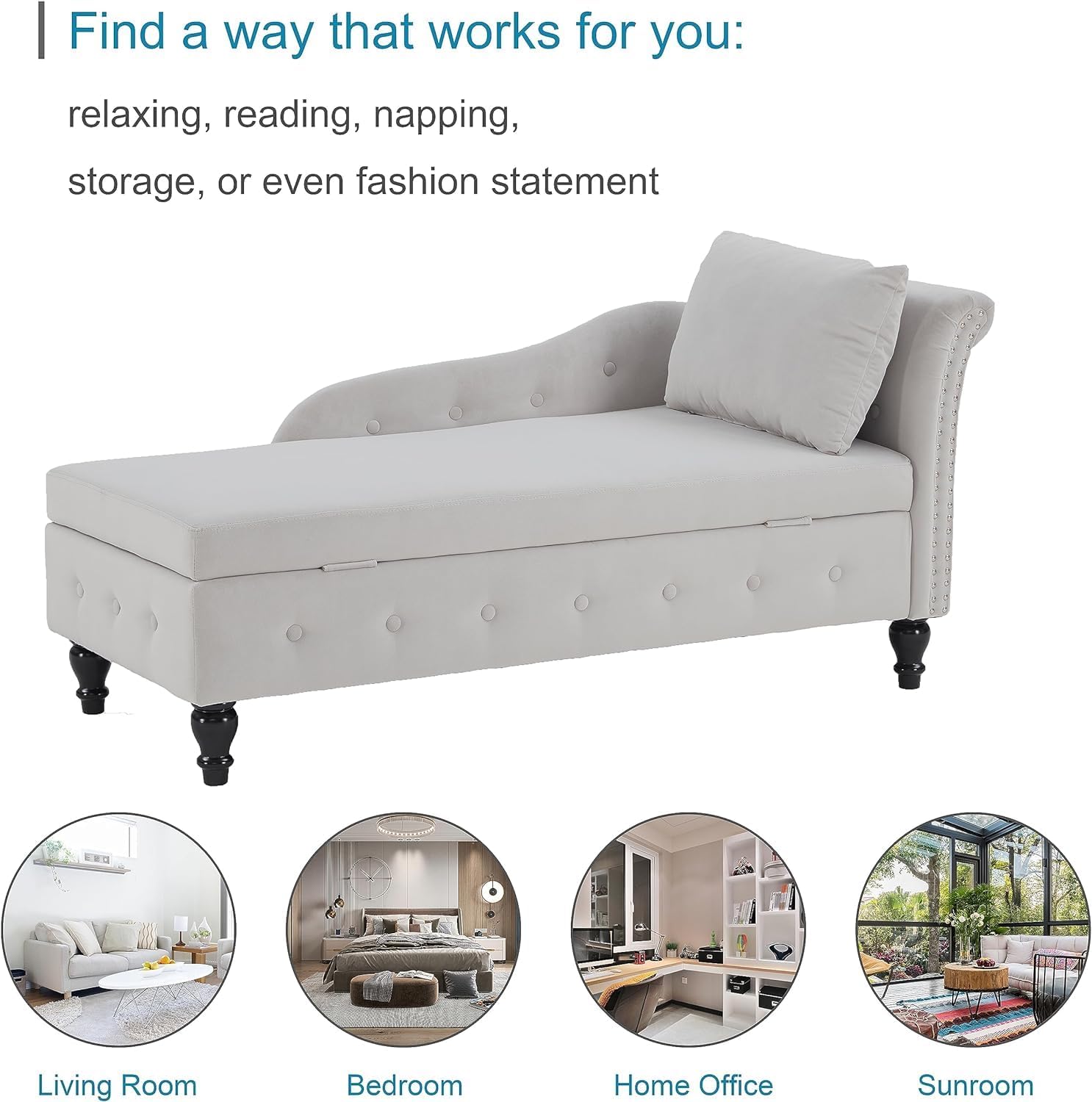 Chaise Lounge Indoor with Storage, Upholstered Chaise Lounges Sofa Recliner Chair with Pillow, Modern Nailhead Trimmed Tufted Lounge Chair for Living Room Bedroom Office, Light Grey