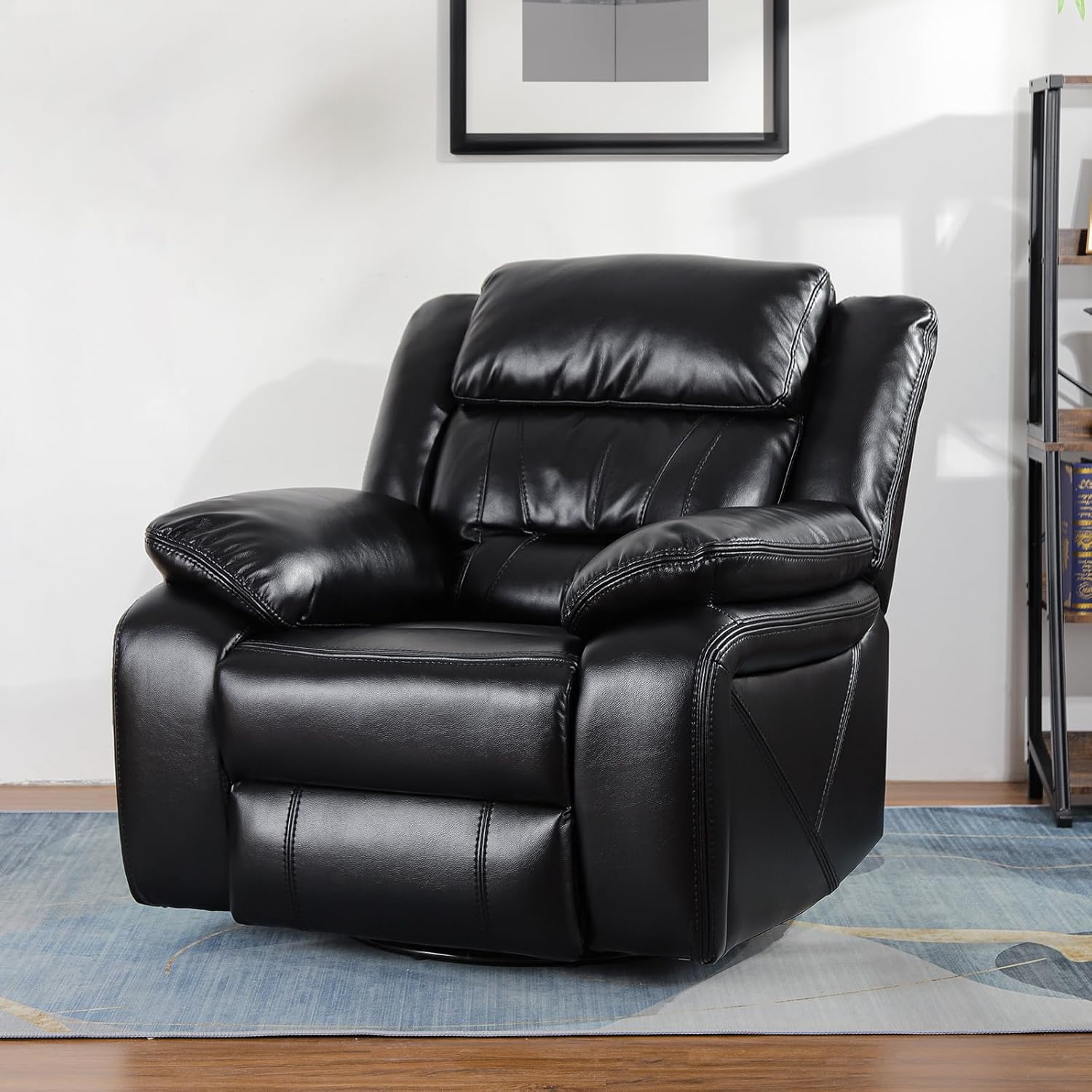 Swivel Rocker Recliner Chair, Glider Rocking Recliner Leather Lazy Boy Recliners Chair for Small Spaces, PU Faux Manual Reclining Chair for Living Room Bedroom RV Nursery Black
