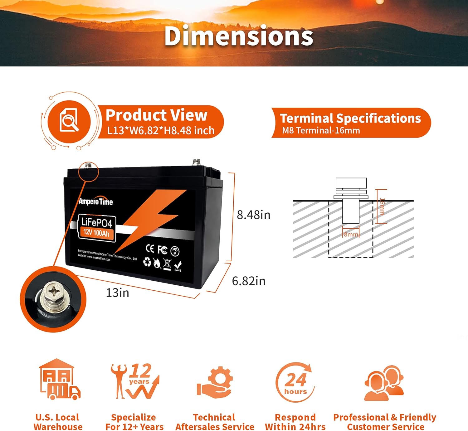 Ampere Time 12V 50Ah Lithium LiFePO4 Battery, Ideal Replacement for?12V 100Ah AGM SLA Battery, More Efficient Output & Much Lighter, 4000+ Cycles, Perfect for Boat, Security Devices, Camping, etc.