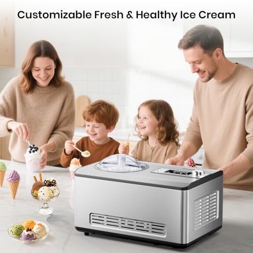 Ice Cream Maker with Upgraded Compressor, [40% Faster Freezing], No Pre-Freezing Needed, LED Display, 2.1 Qt Capacity, Easy Operation for Ice Cream & Yogurt, Stainless Steel