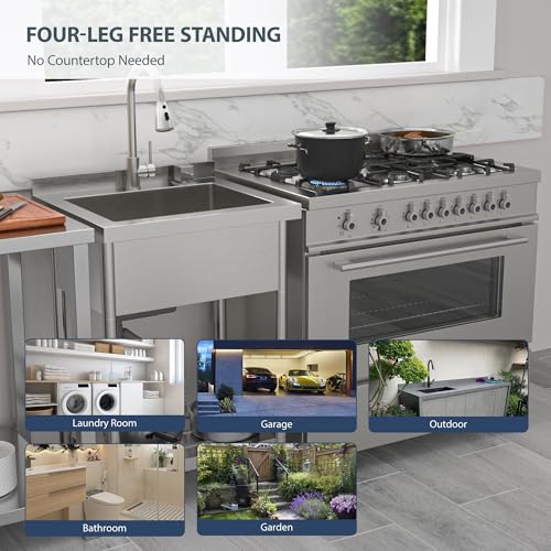 Lordear Stainless Steel Utility Sink 24 Inch - 24"x21" Freestanding Stainless Steel Kitchen Sink Single Bowl Commercial and Residential Use for Laundry Room Garage Outdoor and Kitchen