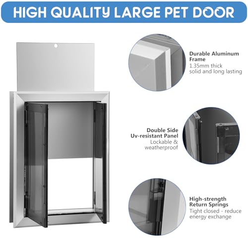 Large Dog Door, Weatherproof Aluminum Dog Door with Automatic Closing Double Panels Easy to Install Pet Door for Large Dogs and Cats, Closing Panel Included