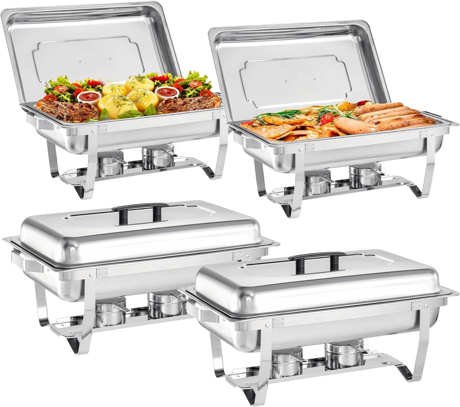 Chafing Dish Buffet Set - 4 Pack, 8 Quart Stainless Steel Chafer Buffet Servers and Warmers Set with Folding Frame for Weddings, Parties, Banquets, and Catering Eventst