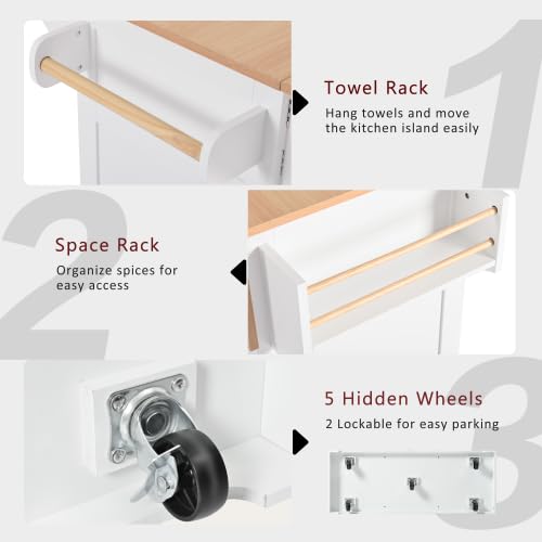 Foldable White 55.7 Inch Kitchen Storage Island Cart with 2 Drop Leaf Extensions, 5-Wheel Rolling Table, Power Outlet & USB Port, 3 Drawers Spice Rack Towel Holder for Small Spaces