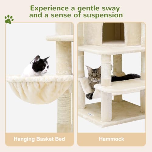 Globlazer Corner Cat Tree for Large Cats, 66inch Tall Curved Series Large Cat Tower for Multiple Indoor Cats with 6 Scratching Posts, 2 Spacious Cat Condos, Hammock, Hanging Basket, C66, Beige