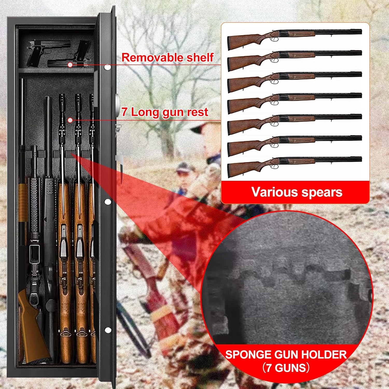 7-9 Large Long Gun Safe for Home Rifle and Pistols, Biometric Gun Safes for Rifles and Shotguns, Fireproof Gun Safe with Removable Gun Rack, LED Light and Pistol Pockets