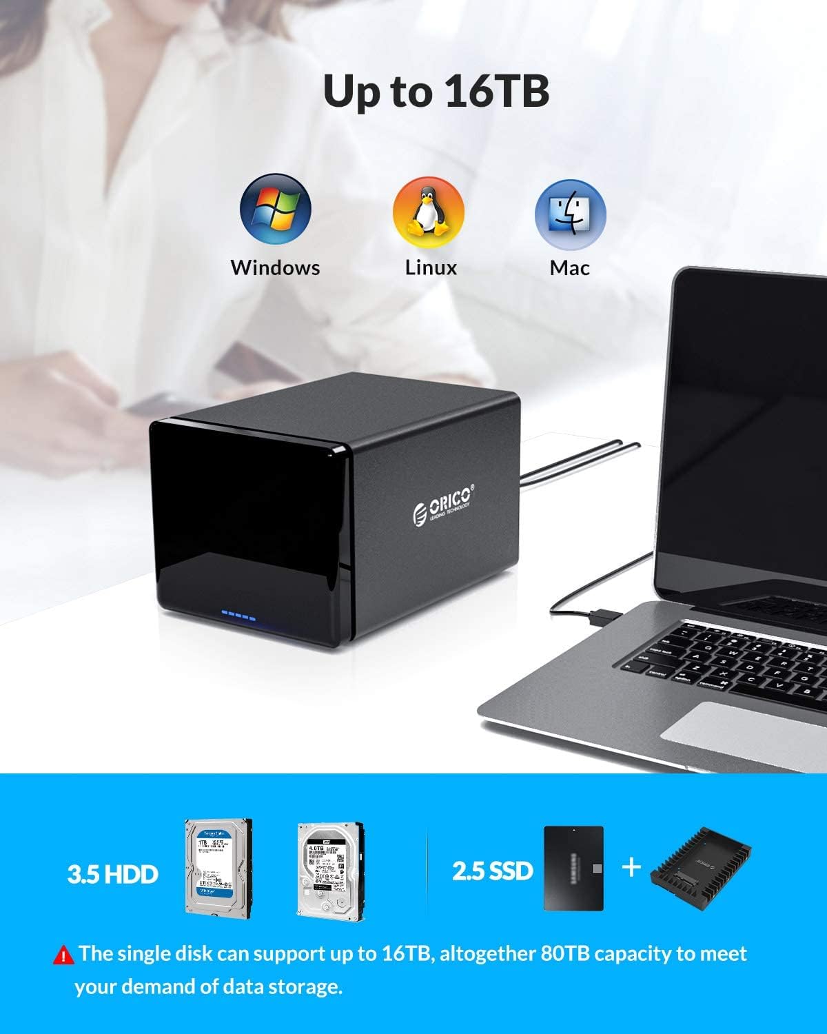 ORICO 4 Bay HDD Raid Enclosure USB External Hard Drive Enclosure Aluminum Magnetic SATA III Disk Storage Case Tool-Free for 2.5/3.5 SSD HDD Support 64TB(4X16TB) for Data Backup NAS Expansion NS400RU3