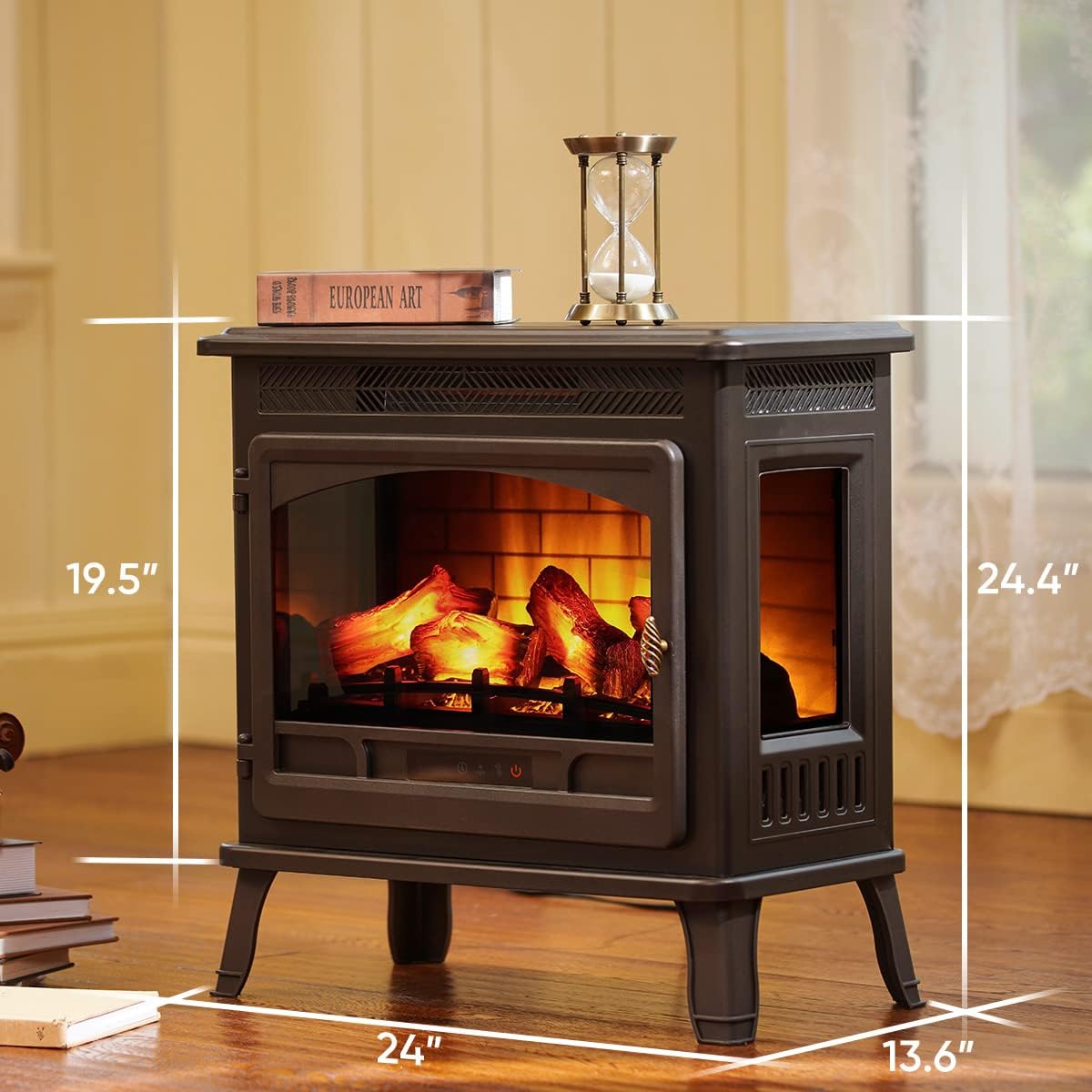 HEAO 3D Infrared Electric Fireplace Stove 24" with Visible Control Panel and Remote, Freestanding Fireplace Heater, ETL Certified, Overheating Safety Protection, for Home Office RV, 1500W(Bronze)