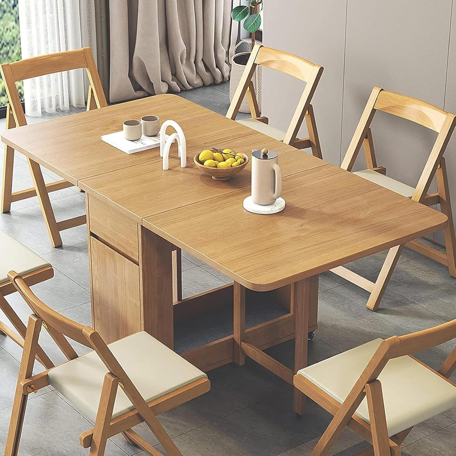 Solid Wood Folding Dining Table sets, Extendable Drop Leaf Table with 4 Chairs, for Kitchen, Dining Room, Living Room, Restaurant