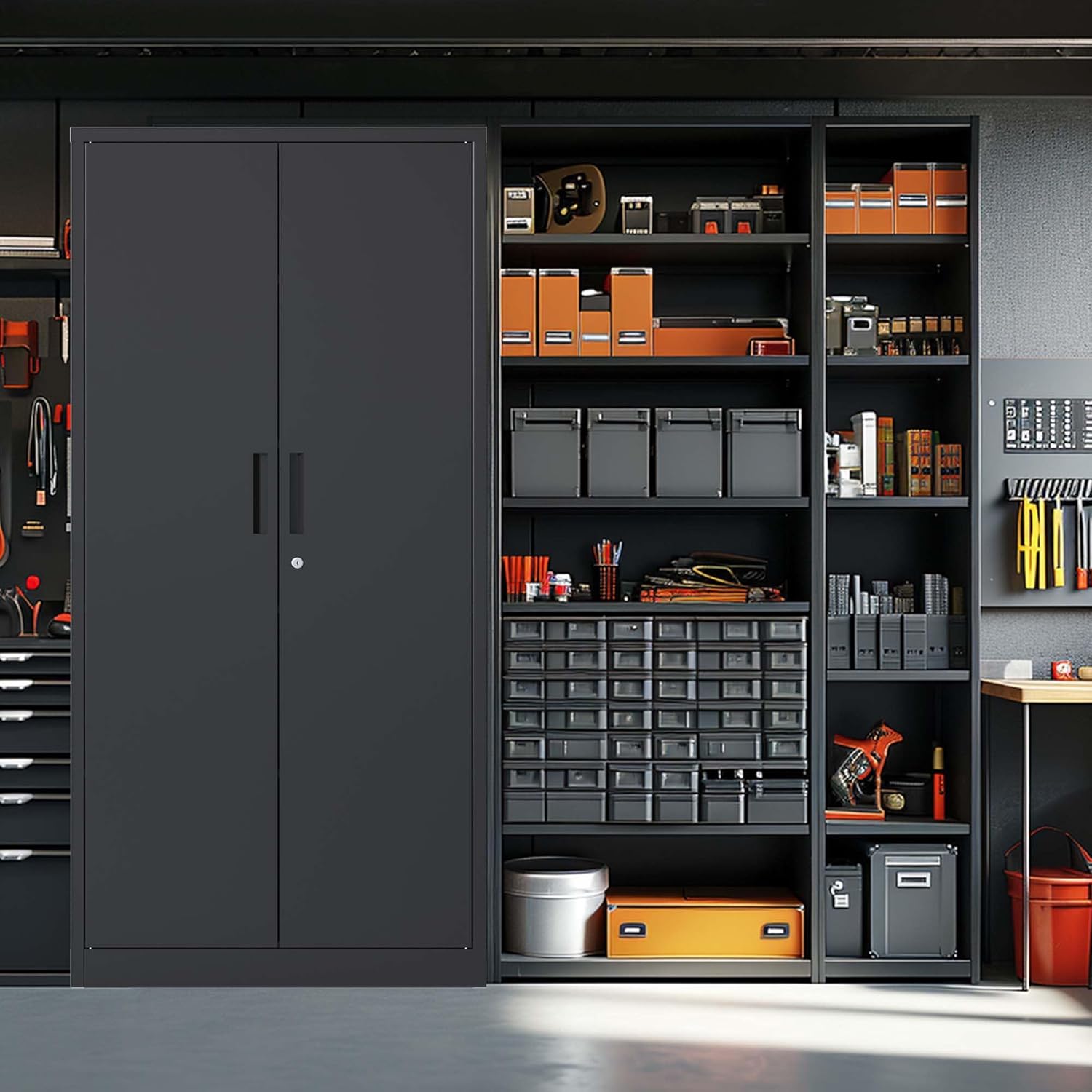 71" H Metal Garage Storage Cabinet Tool Steel Locking Cabinet with Doors and 4 Shelves Tall Cabinets for Garage Storage Systems Lockable File Cabinet for Home Office,Black